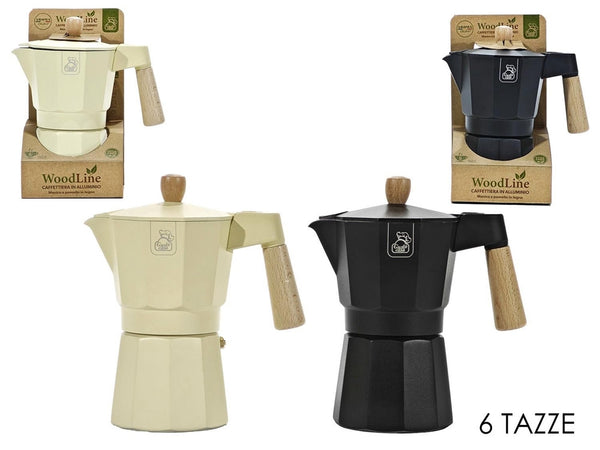 Caffettiera In Alluminio Moka 6 Tazze Con Manico Pomello In Legno Utensile Caffè Espresso