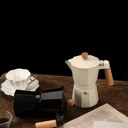Caffettiera In Alluminio Moka 6 Tazze Con Manico Pomello In Legno Utensile Caffè Espresso