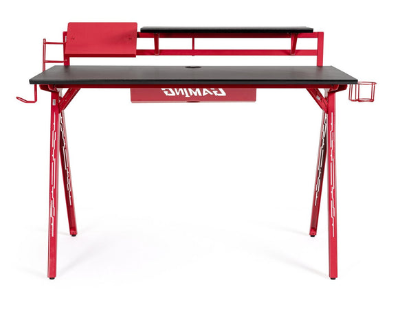 Scrivania da gaming, color rosso e nero, in acciaio resistente