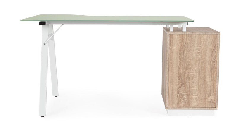 Scrivania "Charlie" ad angolo, con cassettiera, piano in vetro, da 150.5 x 80 x 75h cm