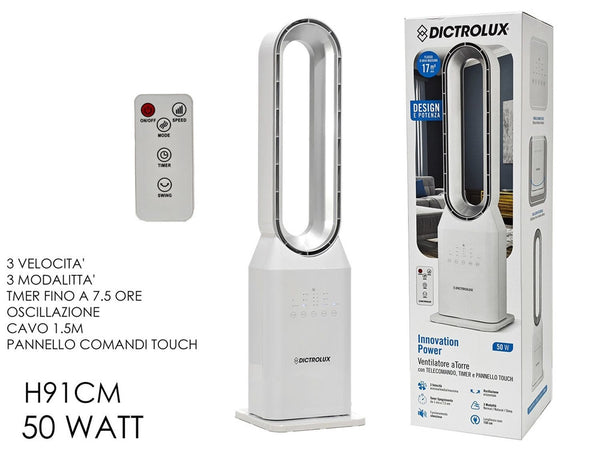 Ventilatore A Torre 91cm 50w Bianco Senza Pale Silenzioso Oscillante Digitale Telecomando