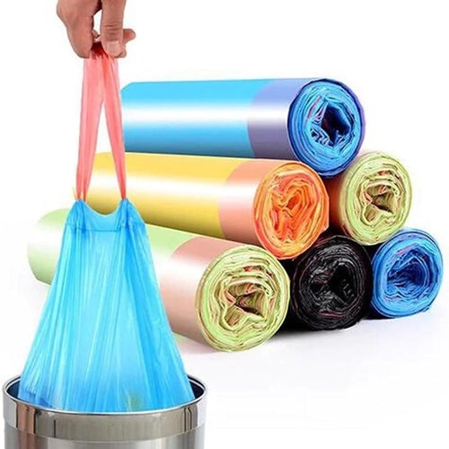 Set 5 Rotoli 65pz Sacco Per Immondizia Con Coulisse 45x50cm Colorati Chiusura Automatica