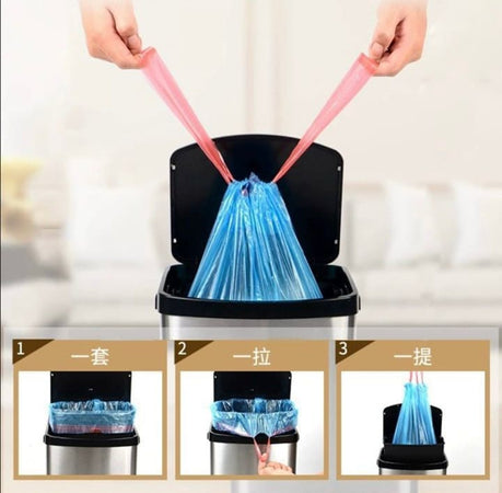 Set 5 Rotoli 65pz Sacco Per Immondizia Con Coulisse 45x50cm Colorati Chiusura Automatica