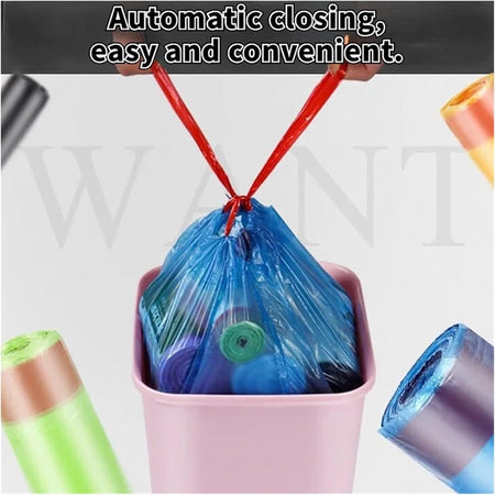 Set 5 Rotoli 65pz Sacco Per Immondizia Con Coulisse 45x50cm Colorati Chiusura Automatica