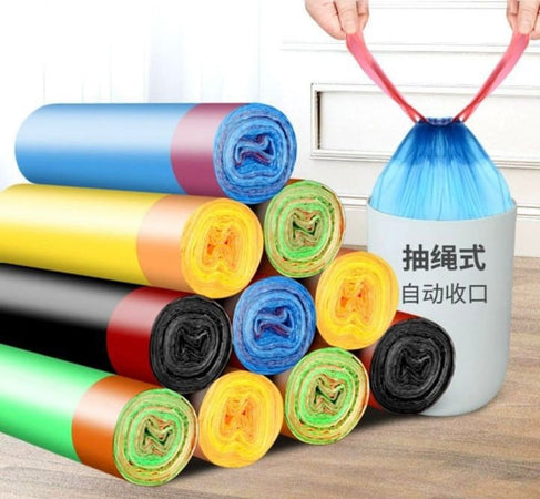 Set 5 Rotoli 65pz Sacco Per Immondizia Con Coulisse 45x50cm Colorati Chiusura Automatica