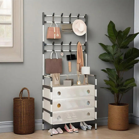 Appendiabiti 8 Ganci Scarpiera 4 Ripiani Organizer Scarpe Armadio Multifunzione In Acciaio