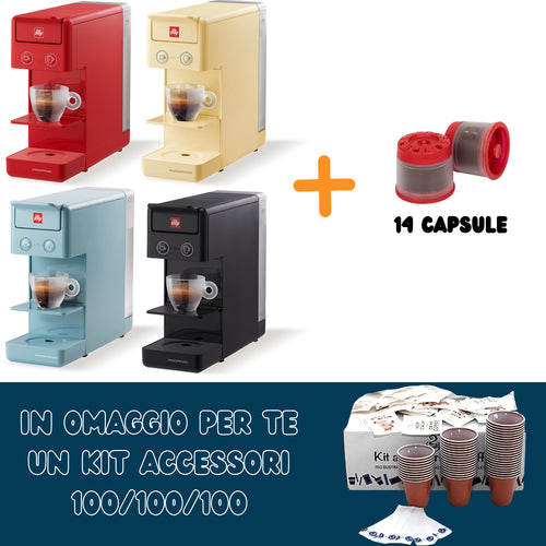 Illy Macchina Iperespresso A Capsule Y3.3 + 14 Capsule Caffè + Kit Accessori 100 Palettine/bicchierini/zucchero