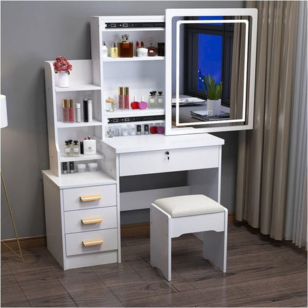 Set Tavolo Da Toeletta Per Trucco Cosmetici Con Specchio Led Morbido Sgabello Cassetti