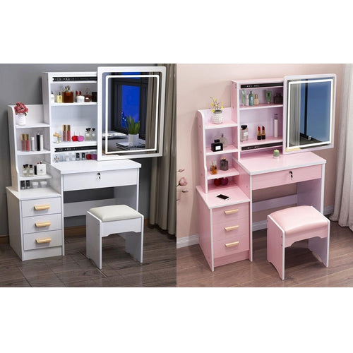 Set Tavolo Da Toeletta Per Trucco Cosmetici Con Specchio Led Morbido Sgabello Cassetti