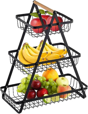Cestino Porta Frutta Rettangolare A 3 Ripiani Con Manico Legno Decorazione Cucina Casa