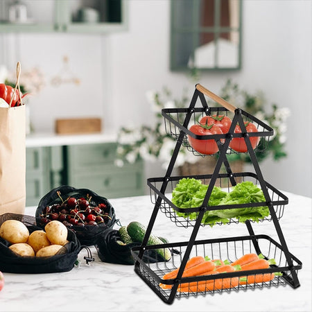 Cestino Porta Frutta Rettangolare A 3 Ripiani Con Manico Legno Decorazione Cucina Casa
