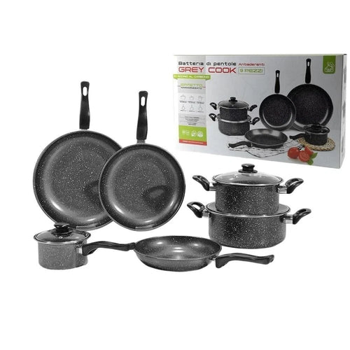 Set Batteria Pentole Padelle 9pz Antiaderenti In Acciaio Al Carbonio Effetto Marmorizzato