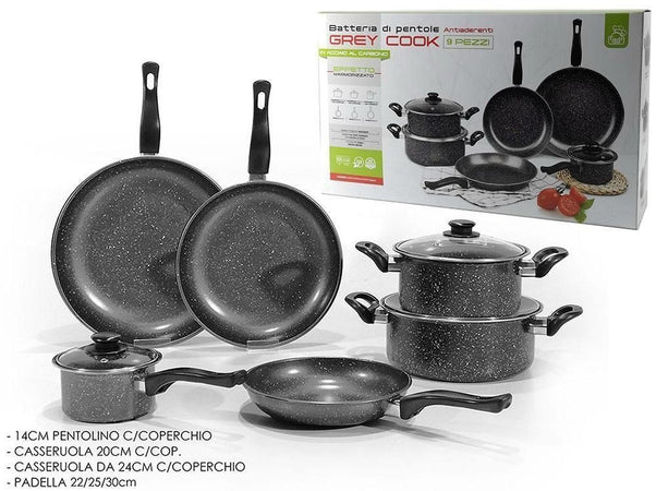 Set Batteria Pentole Padelle 9pz Antiaderenti In Acciaio Al Carbonio Effetto Marmorizzato