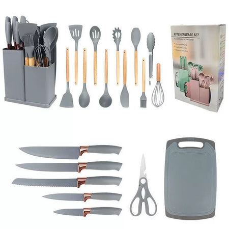 Set Di Utensili Coltelli Da Cucina Da Chef Da 19 Pezzi In Silicone Con Manico In Legno