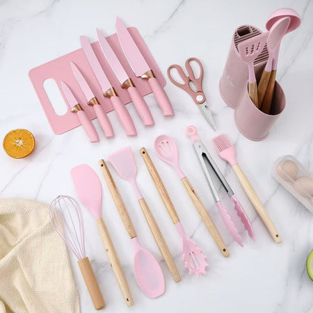 Set Di Utensili Coltelli Da Cucina Da Chef Da 19 Pezzi In Silicone Con Manico In Legno