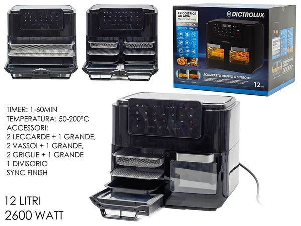 Forno + Friggitrice Ad Aria Multifunzione Con Doppio Secchio Staccabile 12lt 2600w