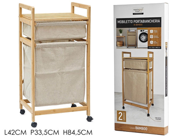 Mobiletto Cesto Portabiancheria In Bambù Tessuto 42x33,5x84,5cm A 2 Scomparti Con Ruote