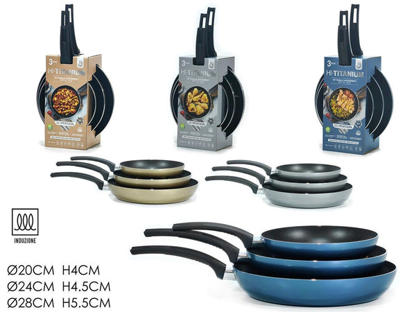 Set 3pz Padelle Antiaderenti In Alluminio Hi-titanium ⌀20/24/28cm Piano Cottura Induzione