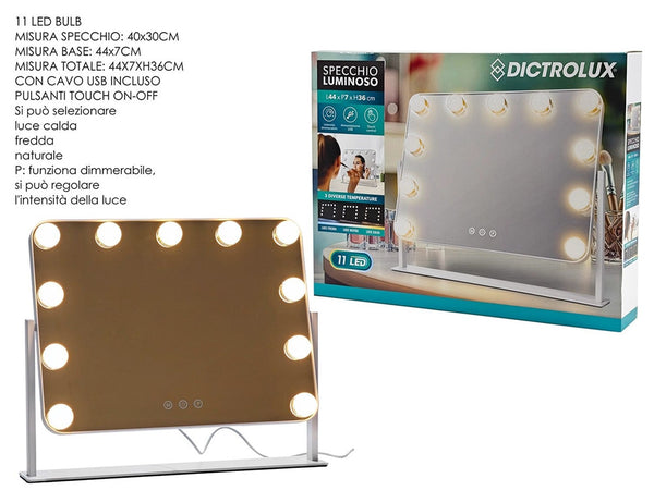 Specchio Luminoso 11 Led Controllo Touch 3 Temperature Luce Dimmerabile Stile Hollywood