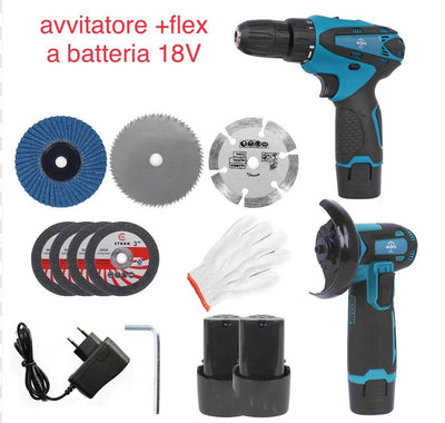 Set Trapano Avvitatore + Flex Smerigliatrice Angolare A Batteria 18v Con Accessori