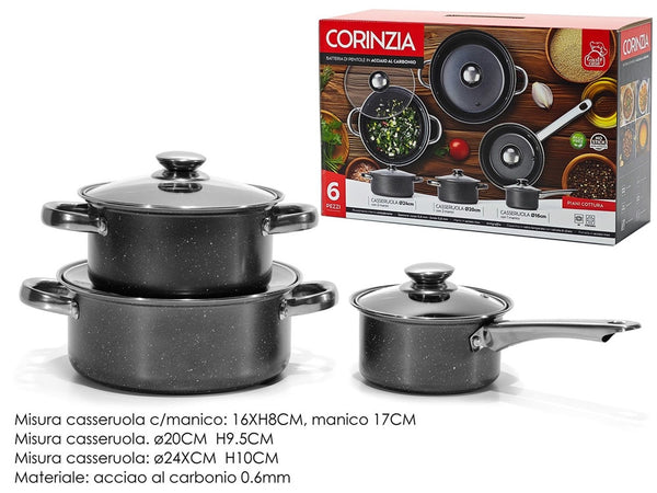 Set Batteria Di Pentole Cucina In Acciaio Al Carbonio Da 6pz Antiaderente Antigraffio