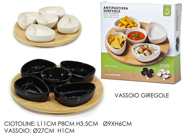 Set Antipastiera Vassoio Girevole ø27cm In Bamboo Con 5 Ciotole Da Portata Snack Apertivi