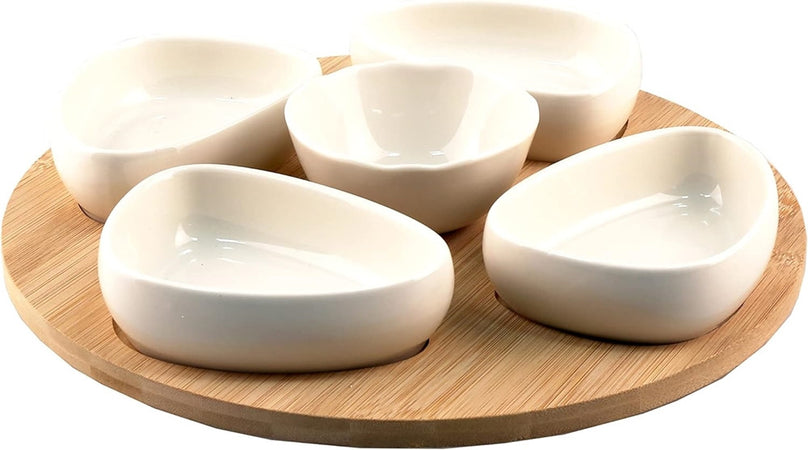 Set Antipastiera Vassoio Girevole ø27cm In Bamboo Con 5 Ciotole Da Portata Snack Apertivi