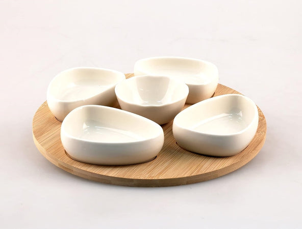 Set Antipastiera Vassoio Girevole ø27cm In Bamboo Con 5 Ciotole Da Portata Snack Apertivi