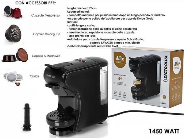 Macchina Da Caffè 1450w 4in1 Capsule Cialde Compatibile Nespresso Dolce Gusto A Modo Mio