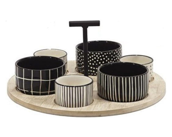 Set Antipastiera Con 6 Ciotoline Su Vassoio Base In Bamboo ⌀29cm Per Antipasti Snack