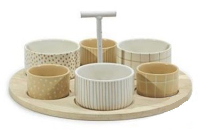 Set Antipastiera Con 6 Ciotoline Su Vassoio Base In Bamboo ⌀29cm Per Antipasti Snack