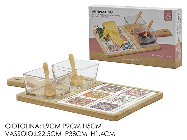 Set Antipastiera Con 2 Ciotole In Vetro 2 Cucchiaini Base In Bamboo Con Decoro Maiolica
