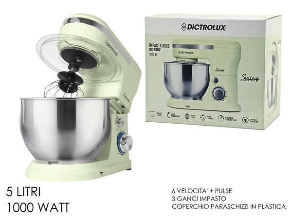 Impastatrice Planetaria Da Cucina 1000w 5lt Con Coperchio Paraschizzi 3 Ganci 6 Velocità