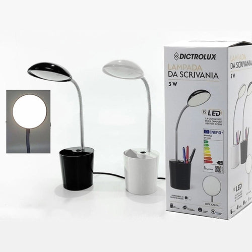 Lampada Da Tavolo Scrivania Con Portapenne 3 Watt 15led 16v A Luce Calda In 2 Colori