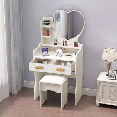 Postazione Trucco Tavolo Make Up Specchiera Toeletta Con Specchio A Cuore Sgabello Bianco