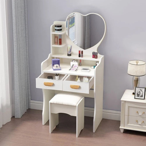 Postazione Trucco Tavolo Make Up Specchiera Toeletta Con Specchio A Cuore Sgabello Bianco