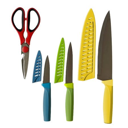Set 3 Coltelli Chef Frutta Multiuso Con Coprilama + Forbici In Acciaio Utensili Da Cucina