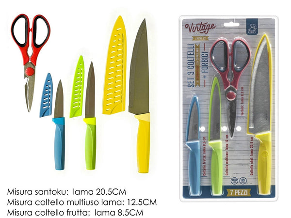 Set 3 Coltelli Chef Frutta Multiuso Con Coprilama + Forbici In Acciaio Utensili Da Cucina