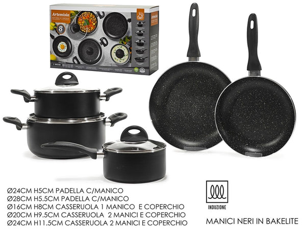 Batteria Di Pentole Padelle Da 8pz Antiaderenti In Alluminio Manici In Bakelite Induzione