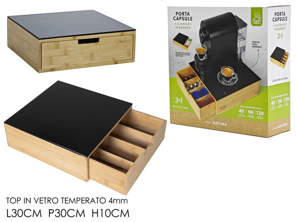 Portacapsule Bambù Con Cassetto 4 Scomparti Organizzatore Capsule Cialde Caffè Tisane Tè