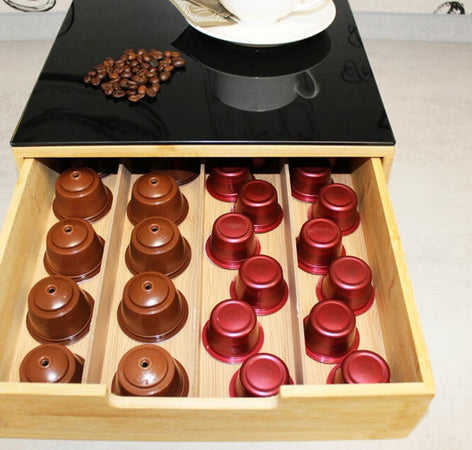Portacapsule Bambù Con Cassetto 4 Scomparti Organizzatore Capsule Cialde Caffè Tisane Tè