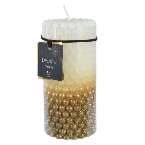 Candela decorativa in cera rigata con Glitter color bianca e oro