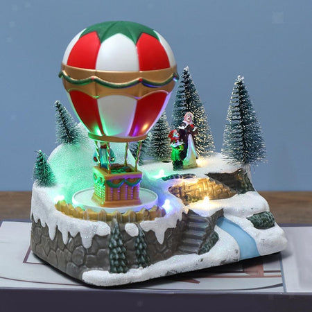 Decorazione Mongolfiera Natalizia Neve Luci Musica Con Movimento 18x13x19.5cm 2 Modelli