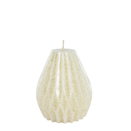 Candela decorativa in cera plissettata con glitter color bianco