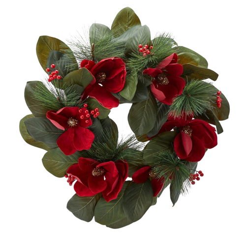 Corona natalizia con fiori di Magnolia, in velluto ghirlanda decorativa Ø 66 cm