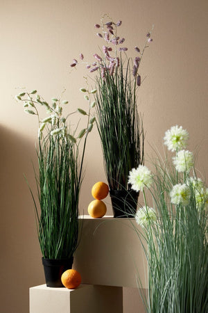Pianta artificiale "Cebolla" con fiore e stelo, vaso in plastica nera