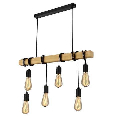 Lampadario Sospensione Legno Stile Industriale 6 Portalampada E27 Lampada Cucina B47-6