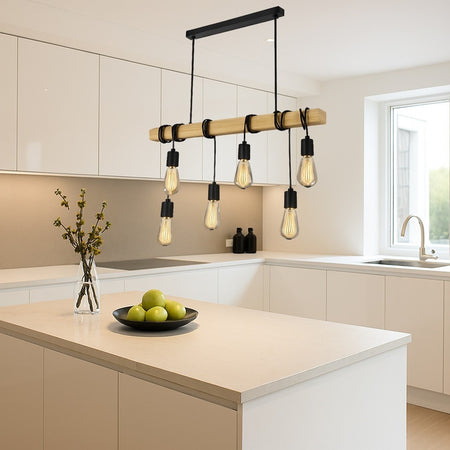 Lampadario Sospensione Legno Stile Industriale 6 Portalampada E27 Lampada Cucina B47-6