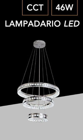 Lampadario Led A Sospensione Soffitto 46w Cct 3 Anelli Decorati Cristalli Acrilico B50-3c