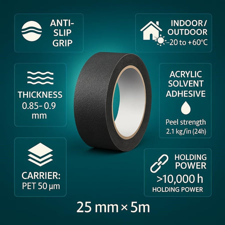 Nastro Adesivo Nero Per Interno/esterno Anticaduta Antiscivolo Senza Residui 25mmx5mt